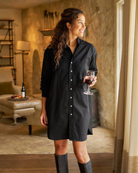 Frank & Eileen Tori Collarless Button Up Dress in Black w/ Black Bib