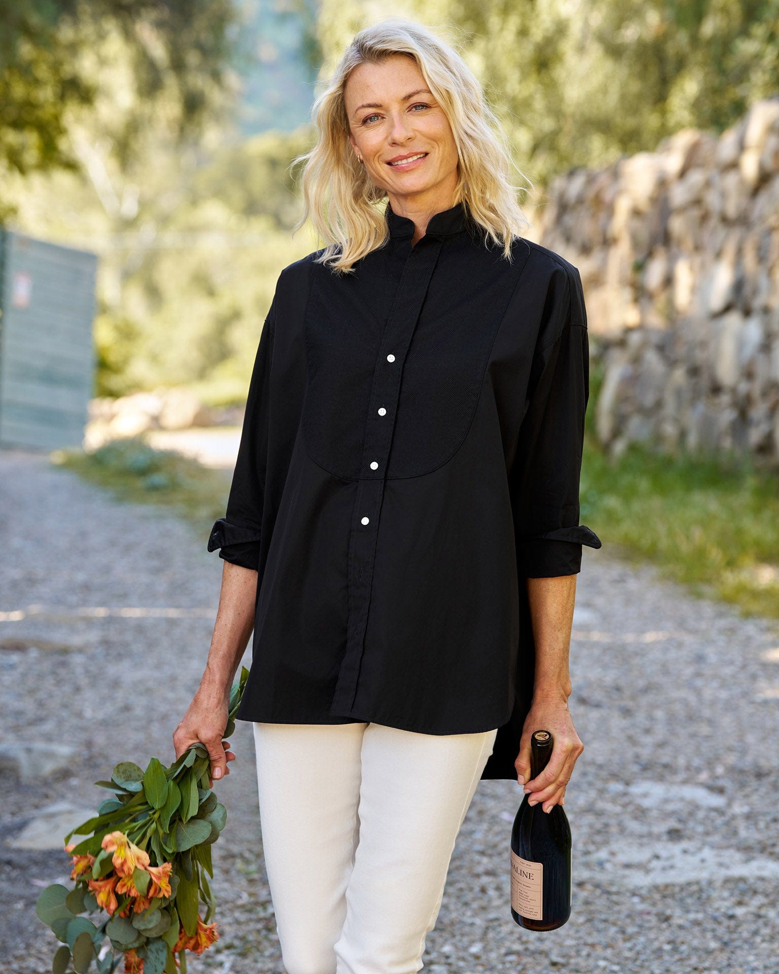 Victoria Collarless Button Up in Black w/ Black Bib