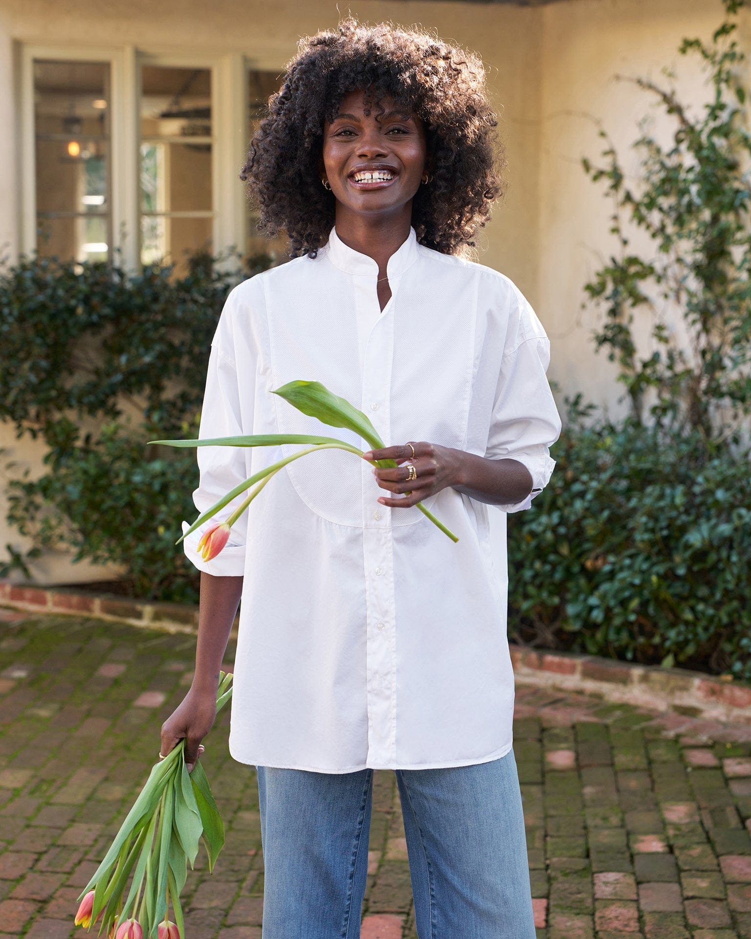 Frank & Eileen Victoria Collarless Button Up in White w/ White Bib