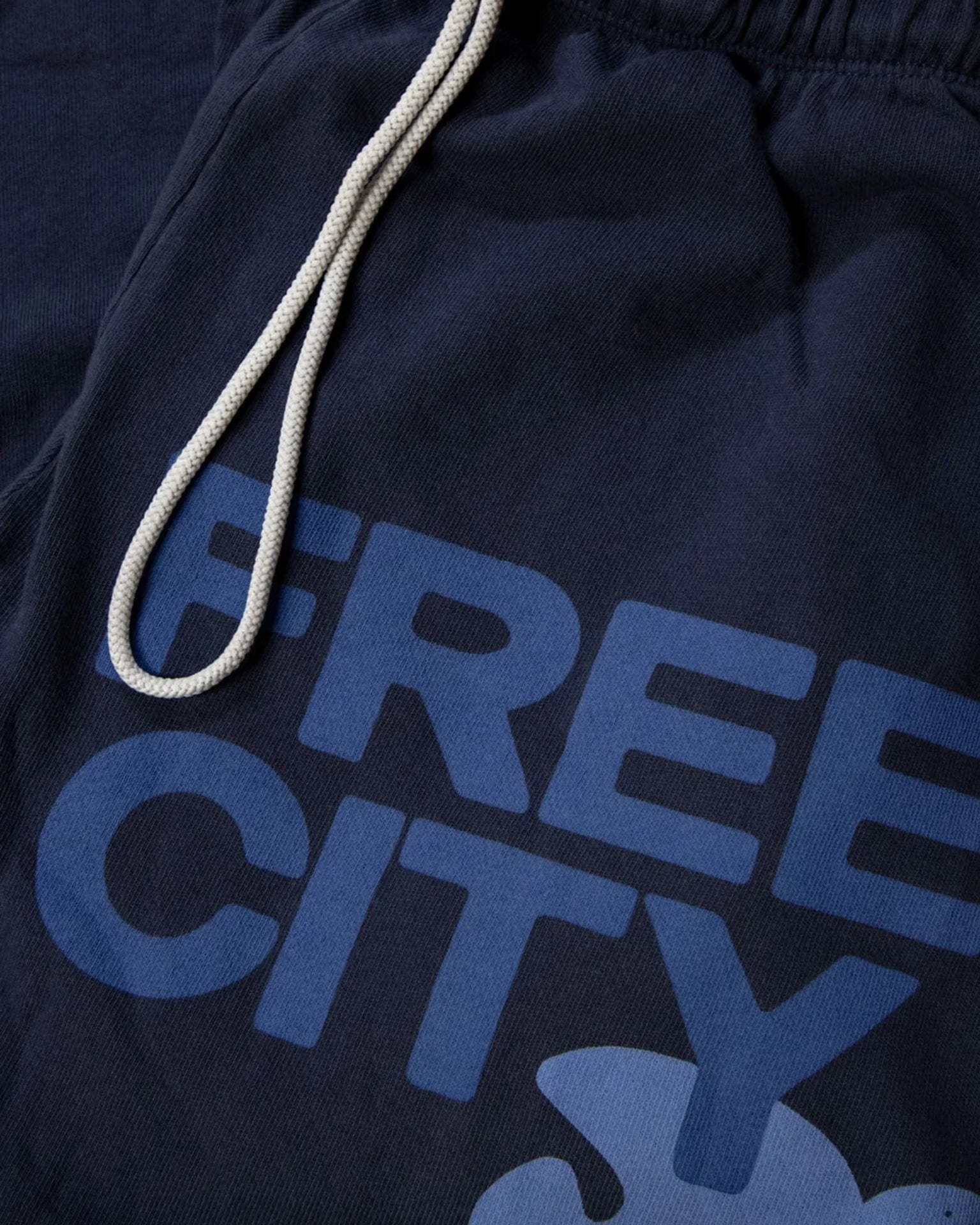 Close-up of Free City FC Large Sweatpants in Moonshroom Blue, made in USA, featuring white drawstrings and partially visible large dark blue “FREE CITY” text on soft French Terry fabric.