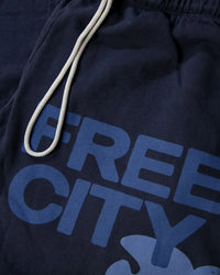 Close-up of Free City FC Large Sweatpants in Moonshroom Blue, made in USA, featuring white drawstrings and partially visible large dark blue “FREE CITY” text on soft French Terry fabric.