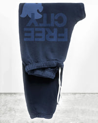 Folded neatly against a plain background, the FC Large Sweatpants in Moonshroom Blue by Free City feature a white drawstring and display “FREE CITY” with a bird graphic in large blue letters across one leg. Made in USA from French Terry.