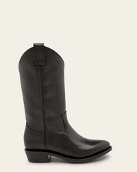 The Billy Pull On in Black by FRYE is a single black leather Western boot featuring a rounded toe, low angled heel, and pull straps on each side, shown against an off-white background. Classic and versatile.