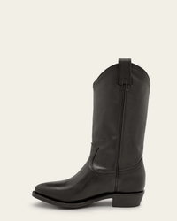 The FRYE Billy Pull On in Black is a leather cowboy boot with a mid-calf shaft, pointed toe, block heel, and dual pull tabs, displayed against a plain light background.