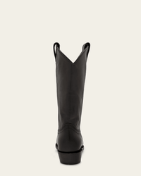 The FRYE Billy Pull On in Black is displayed upright with pull straps and a V-shaped cut at the top, highlighting classic Western boot details against an off-white background.