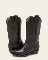 The FRYE Billy Pull On boots in black leather feature pointed toes, low heels, and side pull straps, standing upright against a plain light background.