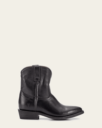 The FRYE Billy Short in Black, an ankle boot with a short shaft, slight heel, and pointed toe, is shown against a plain light background.