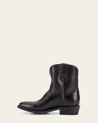 The Billy Short in Black by FRYE is a black leather mid-calf Western boot with a pointed toe, angled heel, and pull strap, displayed in profile against a plain off-white background.