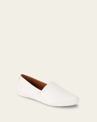 A single FRYE Melanie Slip On in White, crafted from vintage leather with a subtly textured sole and brown lining, is displayed against a plain light background.