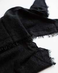 A close-up of the Grisal Love Mini in Black X Charcoal scarf, displayed on a white surface, emphasizes its soft texture and frayed, fringed edges.