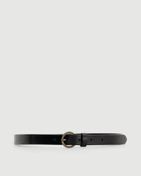 The Hartford Amour Belt in Black, crafted from genuine leather with a round brass-colored buckle, is shown against a plain light gray background.