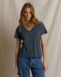 Hendrix - Cotton Short Sleeve Boxy V Neck Tee in Turbulence