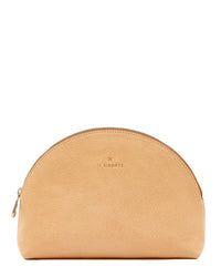 The Bigallo Case in Naturale by IL BISONTE is a tan, semi-circular leather pouch made in Italy, featuring brass hardware and the IL BISONTE logo embossed near the top center.