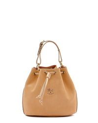 The IL BISONTE Classic Bucket in Naturale features vegetable-tanned cowhide leather, brass hardware, drawstring closure, single handle, and an embossed logo. Handcrafted in Italy for timeless elegance.