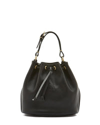 The IL BISONTE Classic Bucket in Nero features vegetable-tanned black leather, a drawstring closure with brass hardware, an adjustable handle, and subtle embossed branding on the front, shown against a white background.