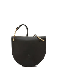 The IL BISONTE Consuelo Crossbody in Nero features gold Ester hardware, a top handle, and a semi-circular silhouette. Crafted from vegetable-tanned leather, this chic handbag is perfect for crossbody wear and is shown against a white background.