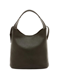 The Le Laudi Bucket in Nero by IL BISONTE features textured vegetable-tanned leather, brass hardware, a wide handle, and a subtle embossed logo near the bottom center, photographed against a white background.