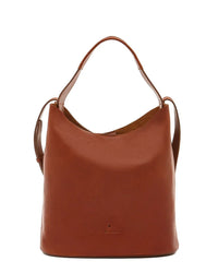 The IL BISONTE Le Laudi Bucket in Seppia features a medium-sized, structured design in vegetable-tanned brown leather with brass hardware, a top handle, side strap, subtle embossed branding near the base, and is made in Italy.