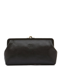 The Manuela Clutch in Nero by IL BISONTE is handcrafted in Italy from black leather, features brass hardware, a metal clasp closure, and an embossed logo at the center. Its soft rounded shape and minimalist design create timeless elegance.