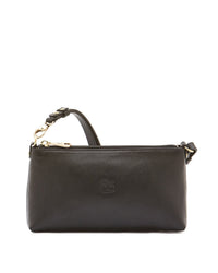 The IL BISONTE Salina Shoulder in Nero features black cowhide leather, a rectangular shape, brass hardware, top zipper closure, short adjustable strap, and an embossed logo on the front. Expertly crafted in Italy and shown on a plain white background.