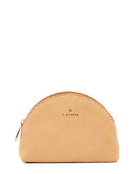 The Small Bigallo Case in Naturale by IL BISONTE features a semi-circular design, brass zipper, and embossed branding with a star on the front, crafted from premium vegetable-tanned leather.