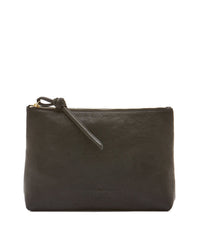The IL BISONTE Snodo Case in Nero features black cowhide leather, brass hardware, and a wrist strap, shown against a white background.