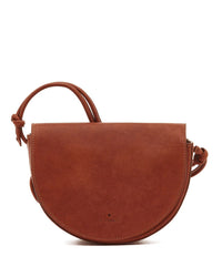 The IL BISONTE Snodo Crossbody in Seppia features brown vintage cowhide leather, brass hardware, a curved flap, knotted shoulder strap, subtle star detail, and gold stamped logo near the bottom. Expertly crafted in Italy.