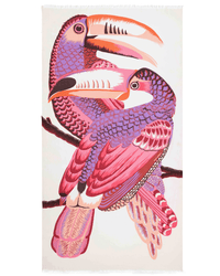 Two stylized toucans with vibrant pink, purple, and orange feathers perch on a branch against a white backdrop, their bold beaks echoing the graphic style of Inoui Editions' Scarf 100 Toucan in Pink.