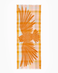 The Scarf / Etole 70 3D Hedwige in Pastel by Inoui Editions is a rectangular cotton-wool blend with a pastel check pattern, an orange bird motif at the center, and chic frayed edges.