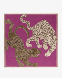 Two stylized big cats—a brown leopard and a white tiger—face off on a purple square background in Inoui Editions' Square / Carre 100 Chatou Winter scarf, crafted from wool, silk, and cashmere with an oversized bandana-inspired design.