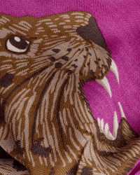 Close-up of the Inoui Editions Square / Carre 100 Chatou Winter in Purple, an oversized wool-silk-cashmere bandana featuring a striking big cat graphic with bared teeth on a vivid purple background.
