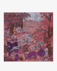 Illustrated scene of animals in a vibrant, surreal forest with red, purple, and pink tones—a lion wears an oversized Inoui Editions Square / Carre 100 Reve in Fuchsia wool silk cashmere blend bandana.