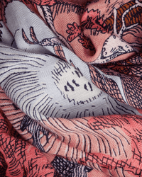 A close-up of the Inoui Editions Square / Carre 100 Reve in Fuchsia shows intricate abstract line art in pink, red, and white on a luxurious wool-silk-cashmere blend—ideal for an oversized bandana.