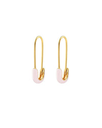 Kris Nations Safety Pin Enamel Hoop Earrings in Pink & 18K Gold Vermeil, inspired by safety pins with pink enamel at the clasp, are displayed on a white background.