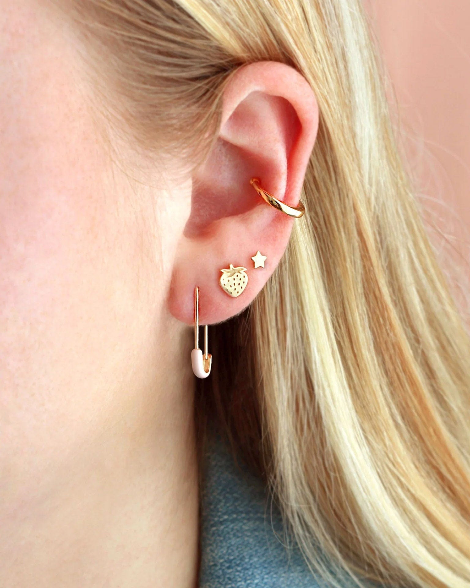 Kris Nations Jewelry Safety Pin Enamel Hoop Earrings in Pink & 18K Gold Vermeil