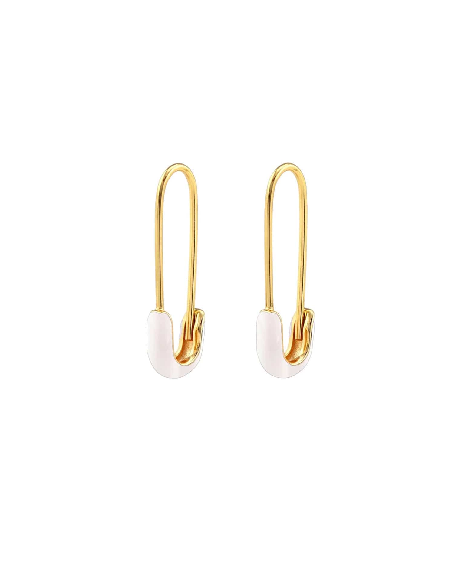Kris Nations Safety Pin Enamel Hoop Earrings in White & 18K Gold Vermeil