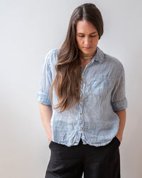 LLEA BLUE Aven 3/4 Sleeve Top in Aqua Chambray Linen 1 - Bliss Boutiques