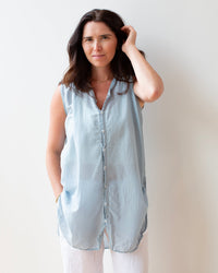 LLEA BLUE Calle Slvlss Button Down in Ash Cotton Silk 1 - Bliss Boutiques