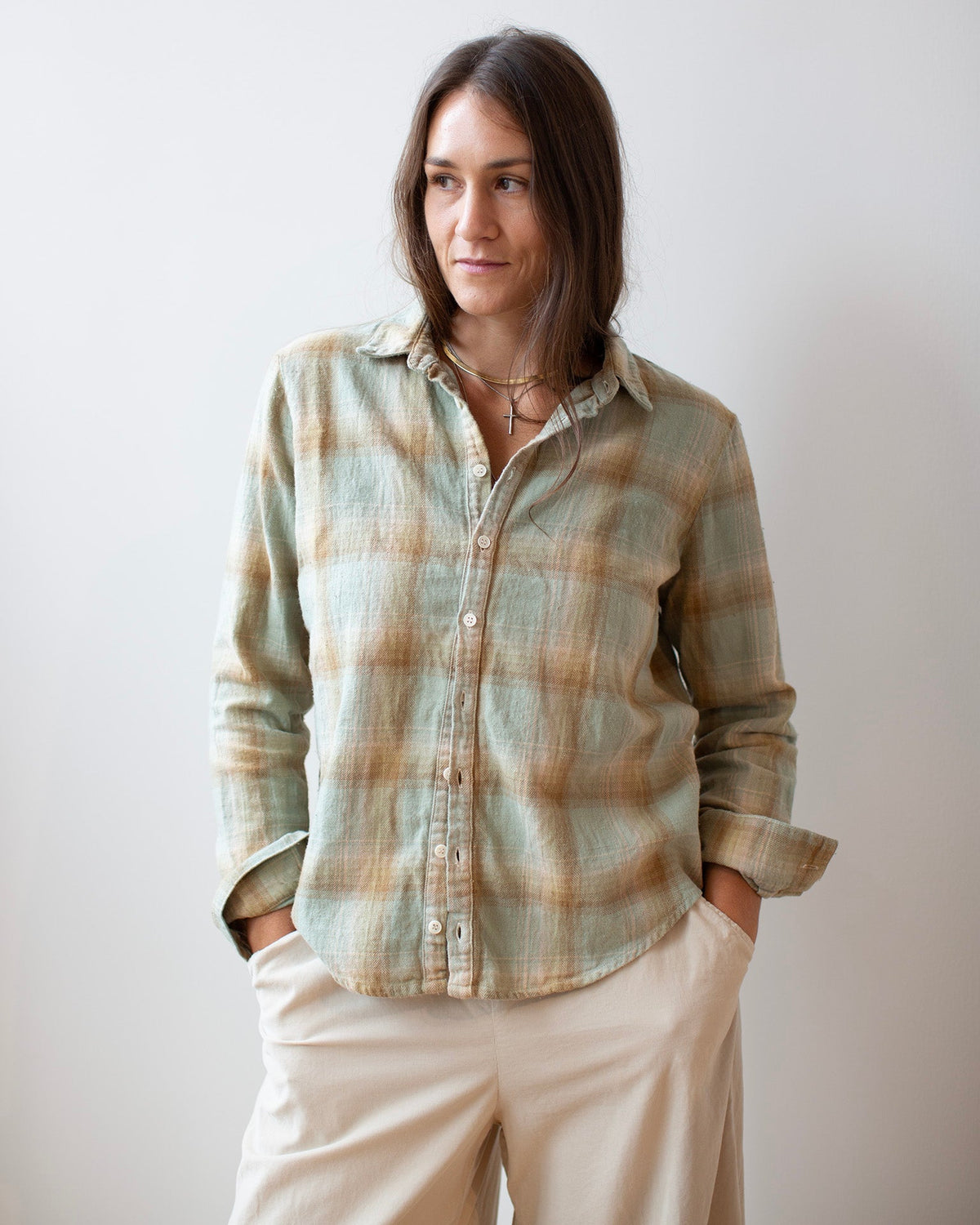 Dorie Top in Mint & Mustard Plaid