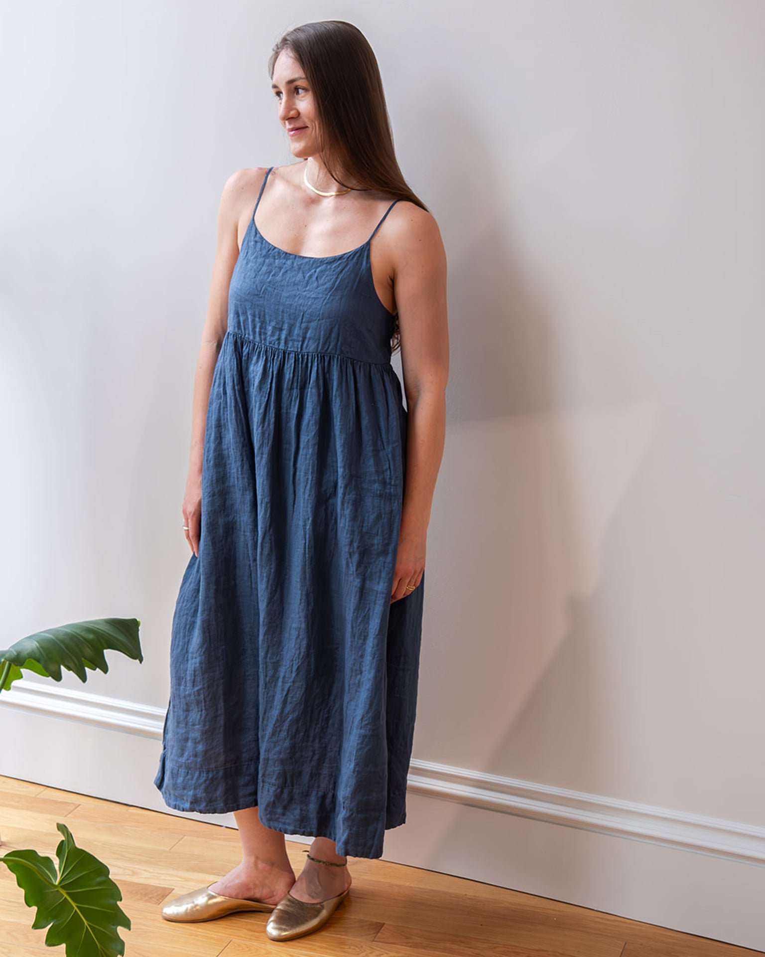 Eva Spaghetti Strap Dress in Moonlit Ocean Linen