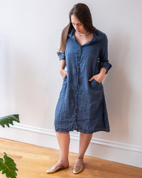 LLEA BLUE Frankie Long Shirtdress in Moonlit Ocean Linen 2 - Bliss Boutiques