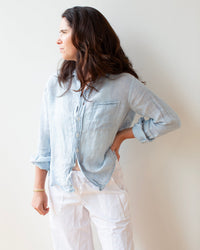 LLEA BLUE Hadley Shirt in Aqua Chambray Linen 1 - Bliss Boutiques