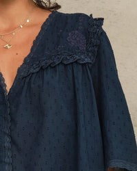 MABE Brea Frill Emb Top in Navy 2 - Bliss Boutiques