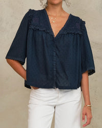 MABE Brea Frill Emb Top in Navy 1 - Bliss Boutiques