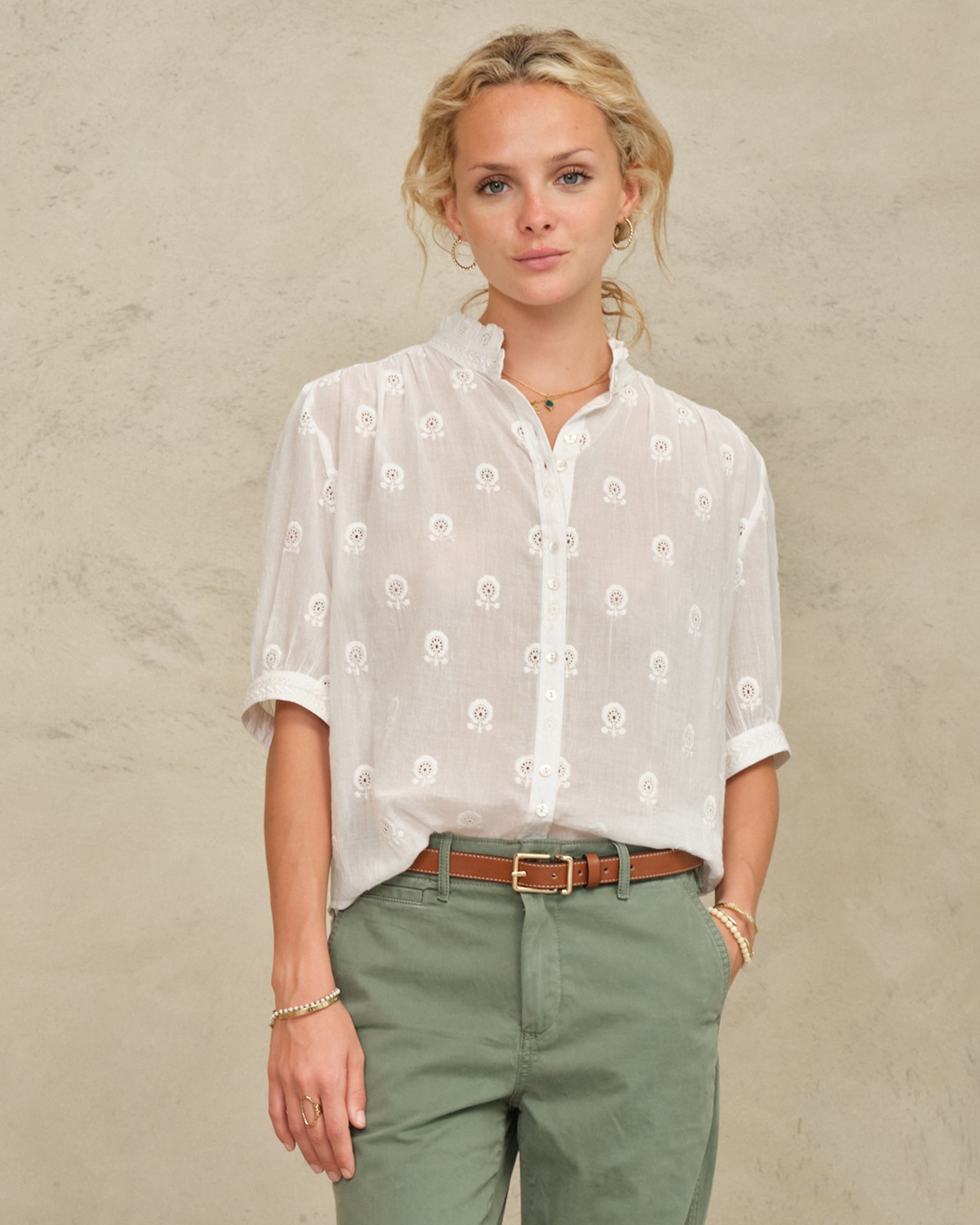 Frani Emb S/S Top in White