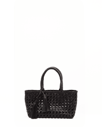 The Malibu Cuir Bag in Black by Maison N.H Paris is a handmade woven tote with two handles and a decorative tassel, shown against a plain white background.