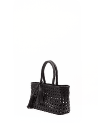 The Malibu Cuir Bag in Black by Maison N.H Paris is a handmade woven tote with two handles and decorative tassels, shown on a white background and crafted in the brand's signature style.