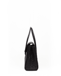 Side view of the Maison N.H Paris Violette Petit Cuir Flap Bag in Black, a handmade woven leather mini tote with two handles, displayed upright against a plain white background.