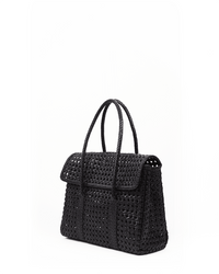 The Maison N.H Paris Violette Petit Cuir Flap Bag in Black is a chic, handmade woven mini tote with two handles and a flap closure, shown against a plain white background.