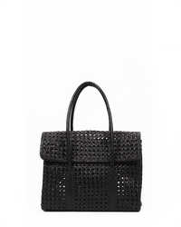 The Maison N.H Paris Violette Petit Cuir Flap Bag in Black is a black woven mini tote with double handles and a flap closure, featuring a rectangular shape and shown against a plain white background.